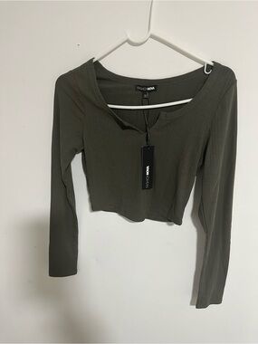 Fashion Nova Olive Green Ribbed Long Sleeve Crop Top